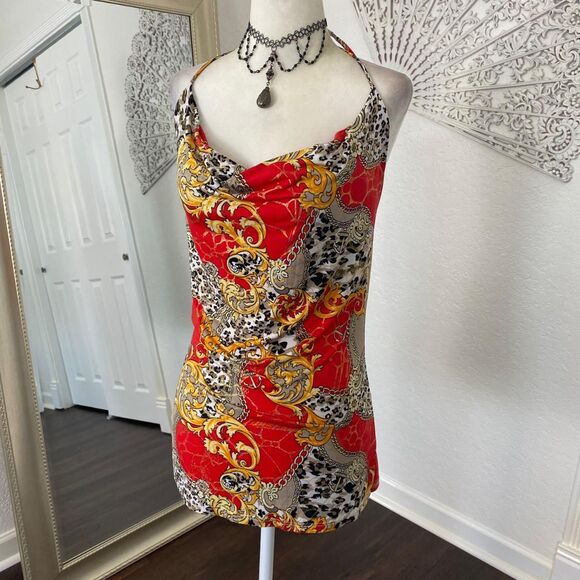 Y2K Boho Red Gold Paisley Low Cowl Neck Made in USA Halter Top Sz M - Picture 5 of 8